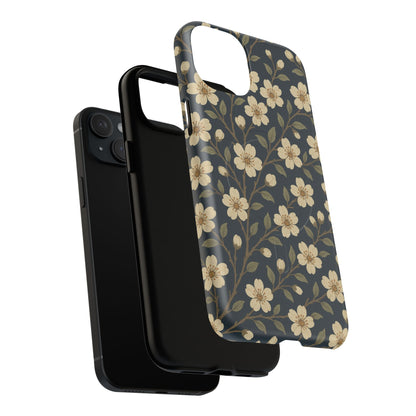 Navy Cherry Blossom Floral iPhone Case - Compatible with MagSafe