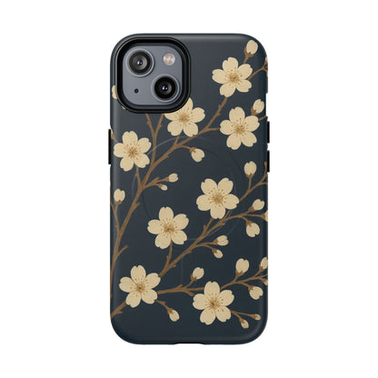 Navy Cherry Blossom Floral iPhone Case - Compatible with MagSafe