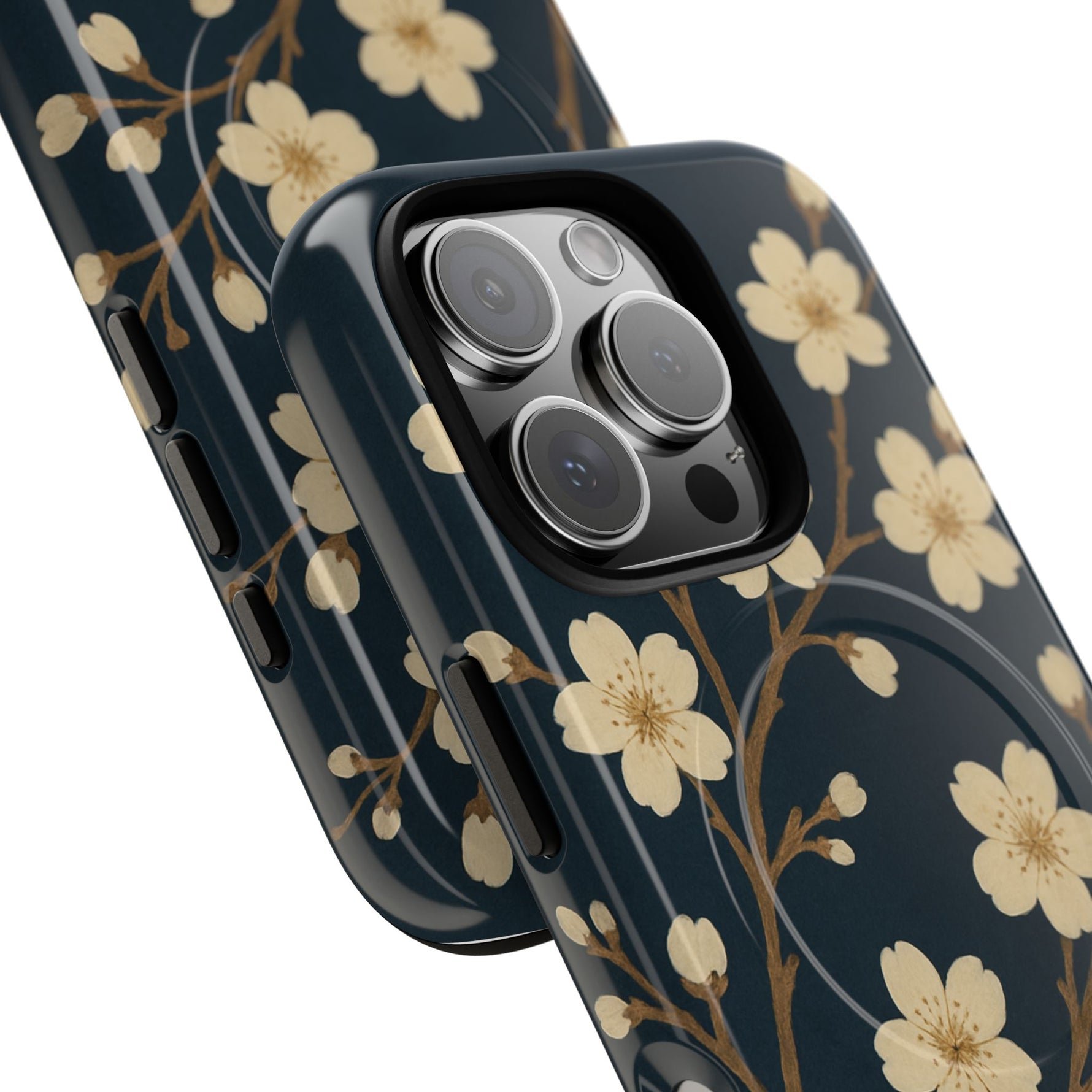 Navy Cherry Blossom Floral iPhone Case - Compatible with MagSafe - Shamo's