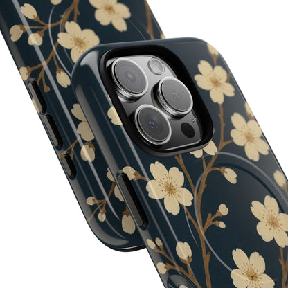 Navy Cherry Blossom Floral iPhone Case - Compatible with MagSafe