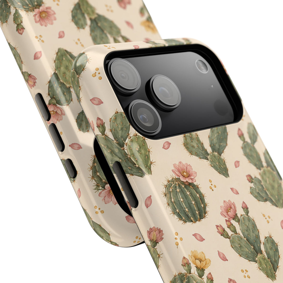 Cactus Bloom – Sage Green Floral Cactus MagSafe Phone Case, glossy wide-camera Pro Max model, camera and side-button close-up