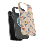 Prairie Quilt – Pastel Patchwork Pattern MagSafe Phone Case, glossy square triple-camera Pro model, exploded shell and liner with magnetic ring
