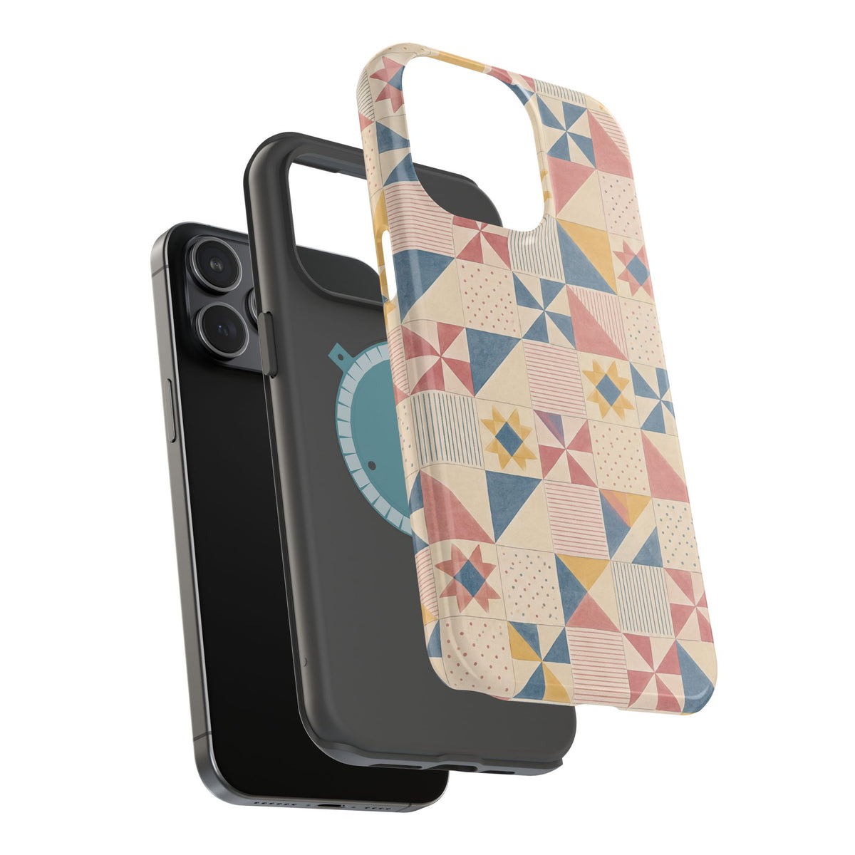 Prairie Quilt – Pastel Patchwork Pattern MagSafe Phone Case, glossy square triple-camera Pro model, exploded shell and liner with magnetic ring