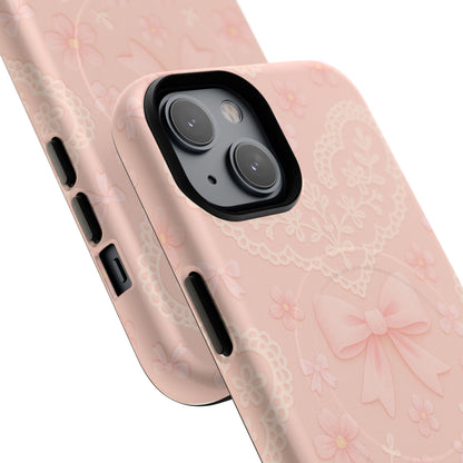 Balletcore Pink Floral Lace iPhone Case with Bow | Works with MagSafe