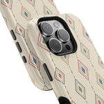 Desert Diamonds – Pastel Geometric Pattern MagSafe Phone Case, glossy square triple-camera Pro model, camera and side-button close-up