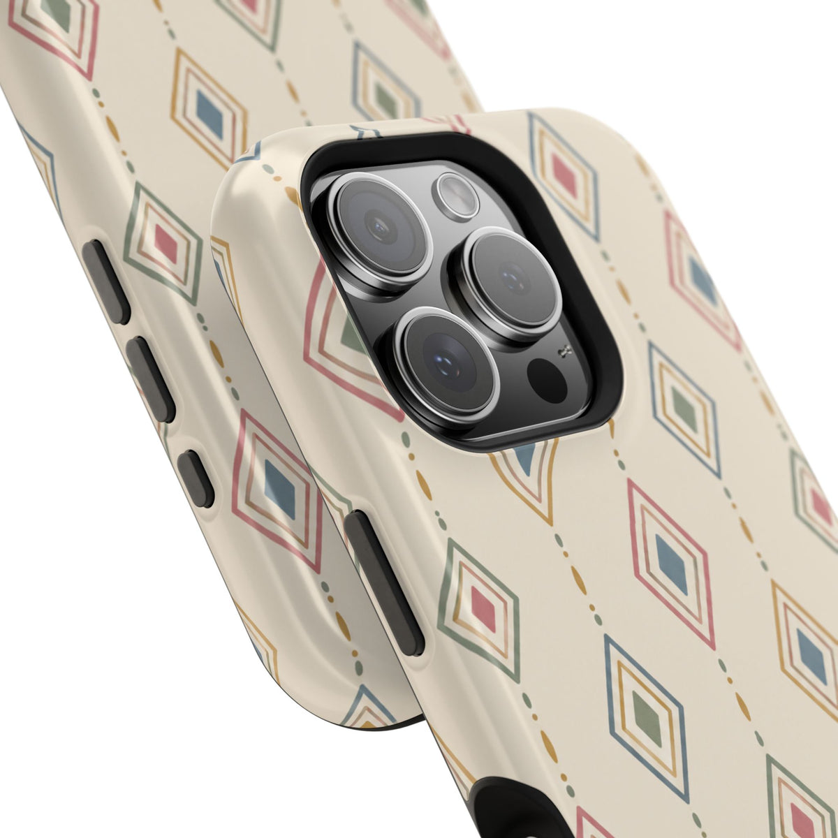 Desert Diamonds – Pastel Geometric Pattern MagSafe Phone Case, glossy square triple-camera Pro model, camera and side-button close-up