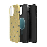 Prairie Stars – Yellow and Blue Star MagSafe Phone Case, glossy square triple-camera Pro model, exploded shell and liner with magnetic ring