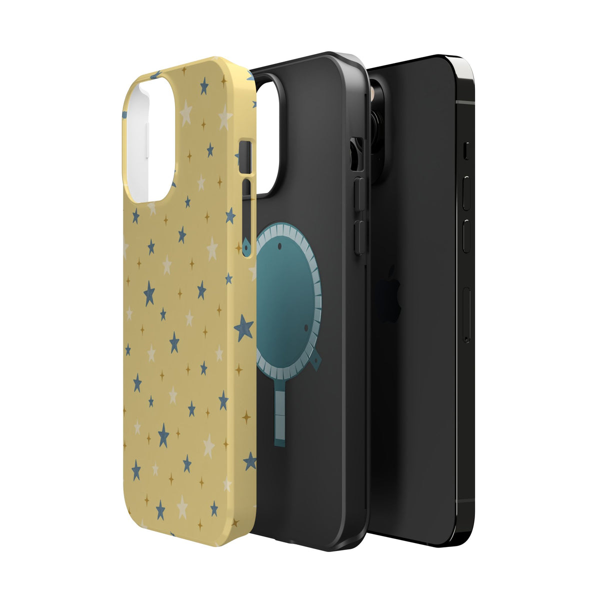 Prairie Stars – Yellow and Blue Star MagSafe Phone Case, glossy square triple-camera Pro model, exploded shell and liner with magnetic ring