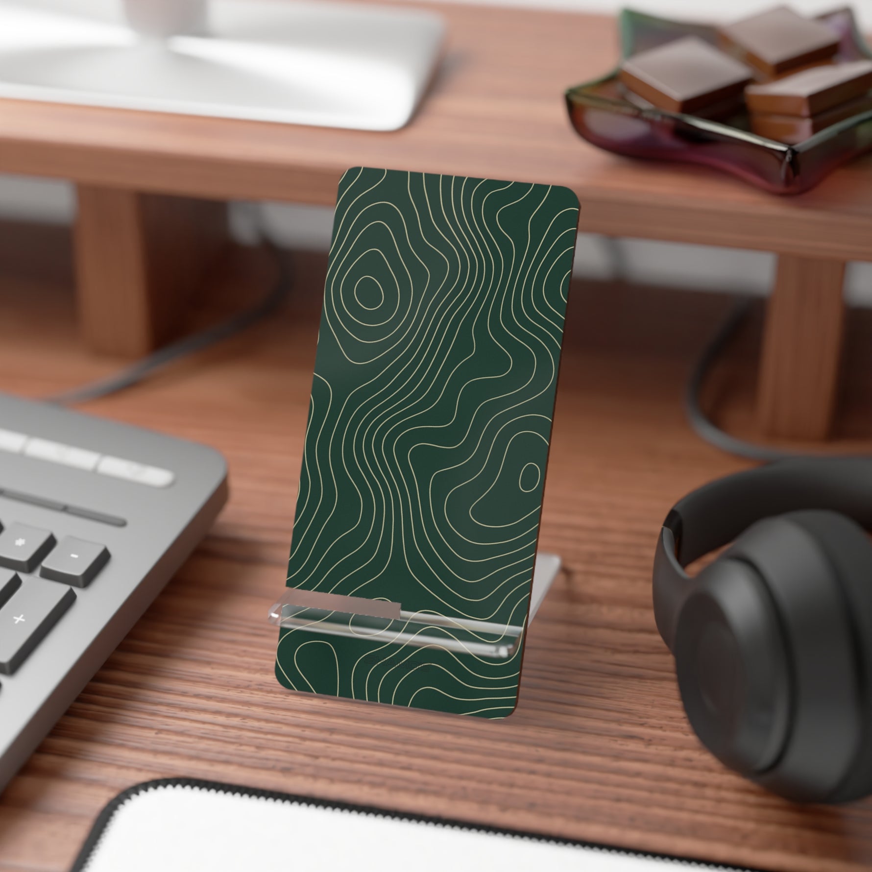 Acrylic Phone Stand with Topographic Green Design, Foldable Mobile Display Stand for Smartphones