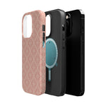 Meadow Lace – Blush Pink Lace Pattern MagSafe Phone Case, glossy square triple-camera Pro model, exploded shell and liner with magnetic ring