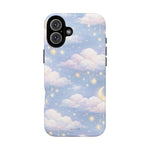 iPhone 14 case with pastel blue sky, pink clouds, golden stars, and crescent moon design