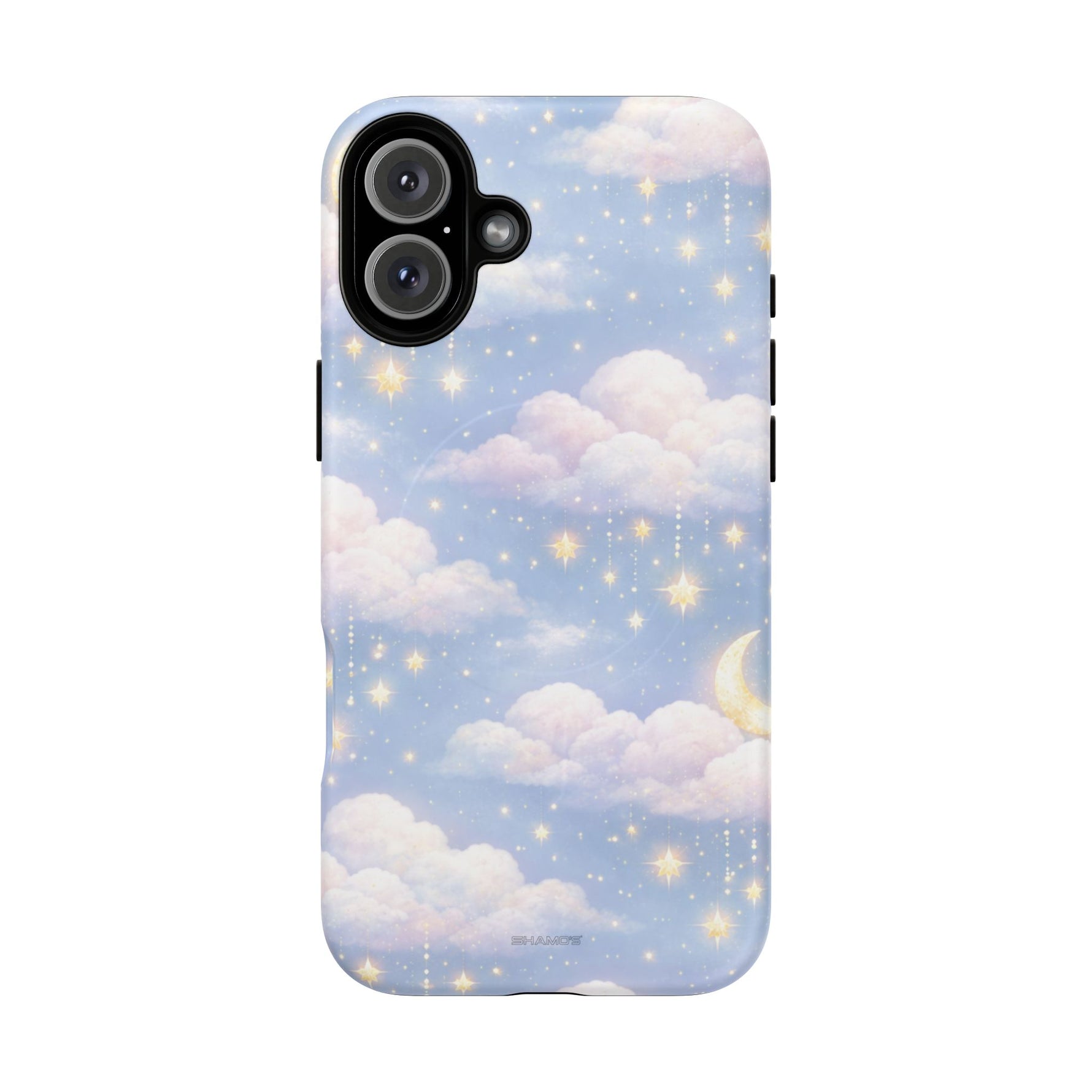 iPhone 14 case with pastel blue sky, pink clouds, golden stars, and crescent moon design