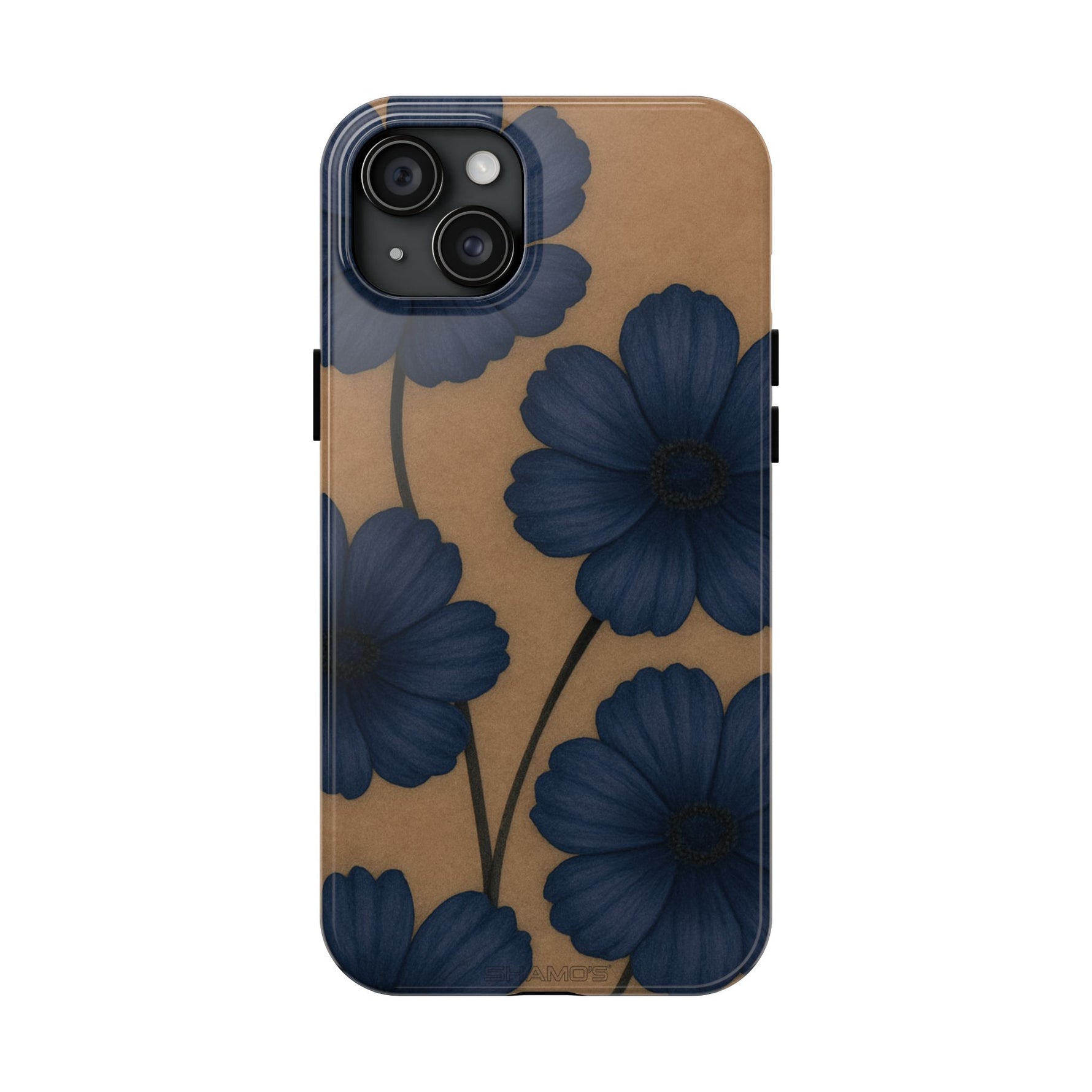 Navy Floral Tough Phone Case — Durable Protective Case with Blue Flowers on Kraft Background