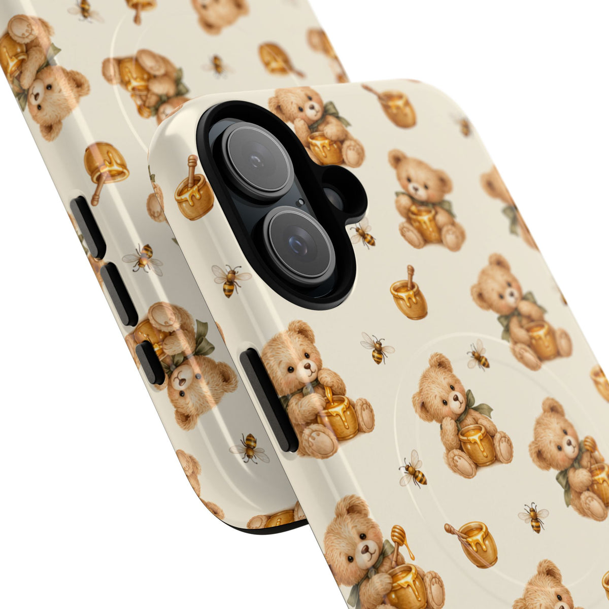 Honingknuffelbeer iPhone-hoesje — ontwerp met gele bij en honingpot met MagSafe