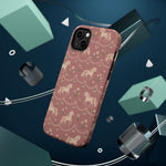 Rose Ponies MagSafe Phone Case, glossy diagonal dual-camera model, rear view with magnetic accessories