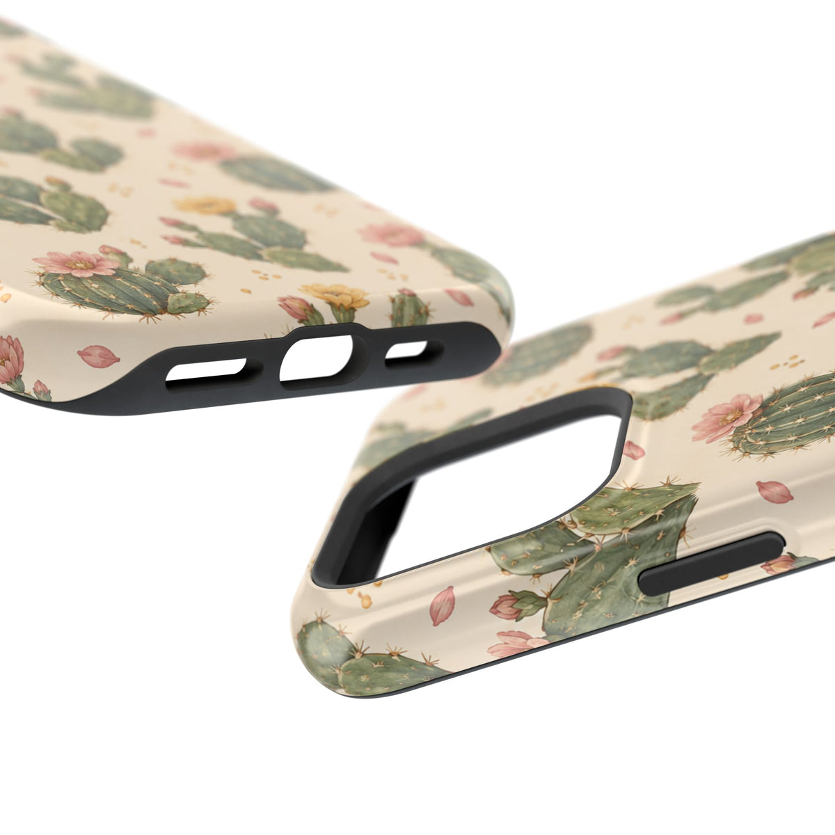 Cactus Bloom – Sage Green Floral Cactus MagSafe Phone Case, glossy square triple-camera Pro model, port openings and edge details