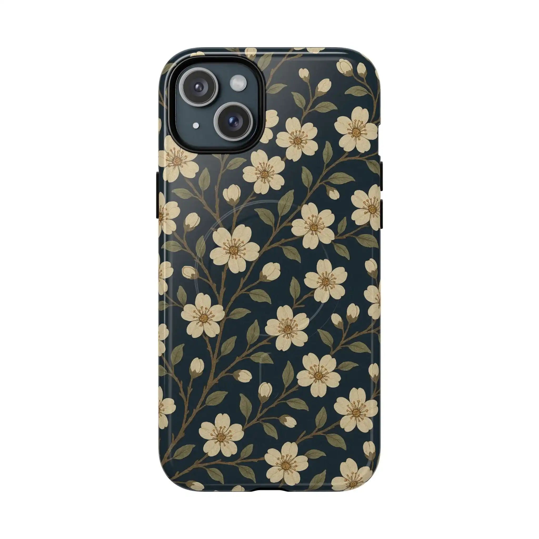 Navy Cherry Blossom Floral iPhone Case - Compatible with MagSafe - Shamo's