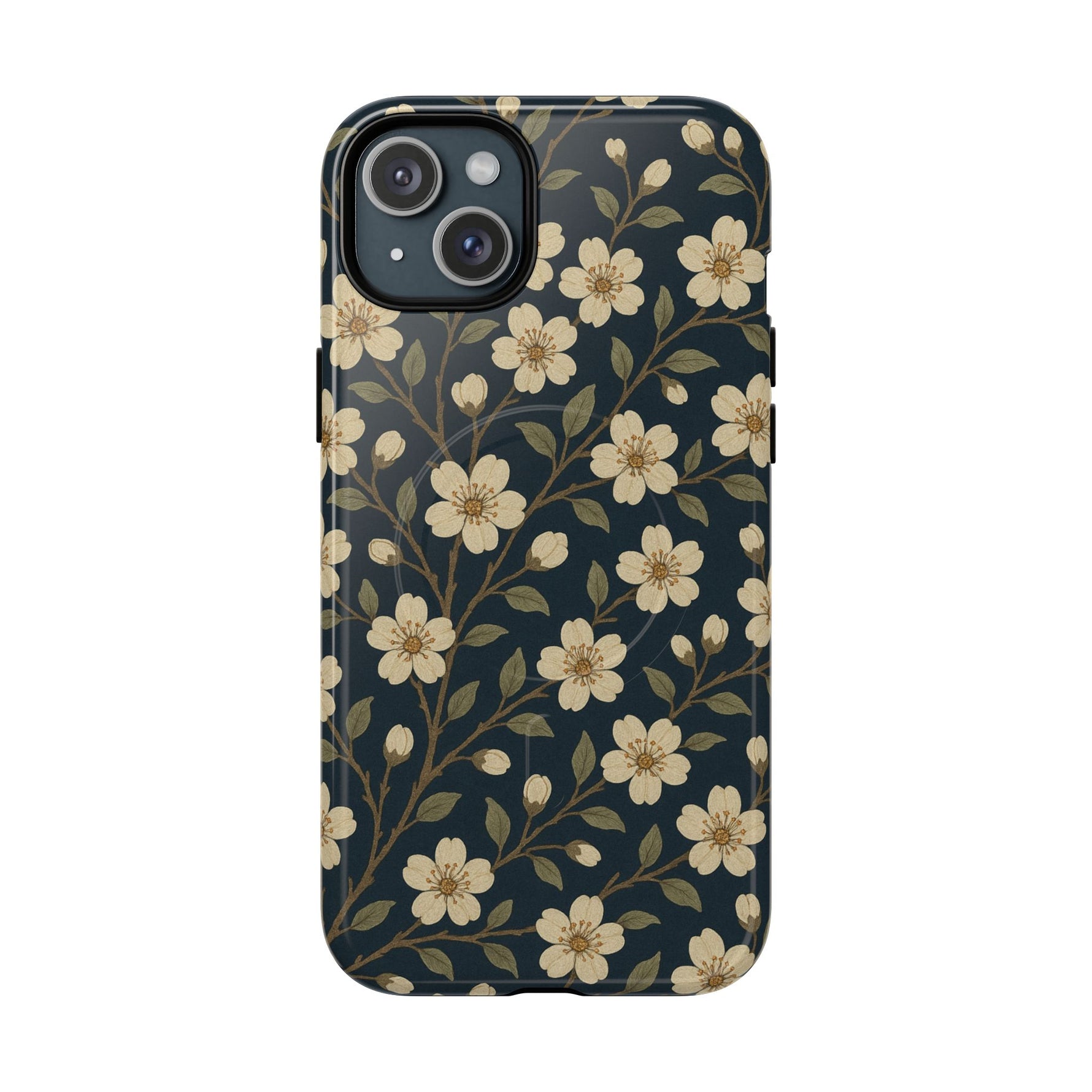 Navy Cherry Blossom Floral iPhone Case - Compatible with MagSafe - Shamo's