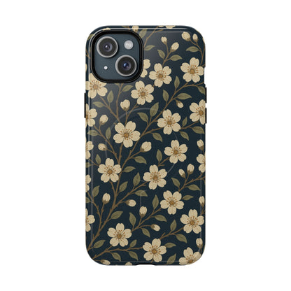 Navy Cherry Blossom Floral iPhone Case - Compatible with MagSafe