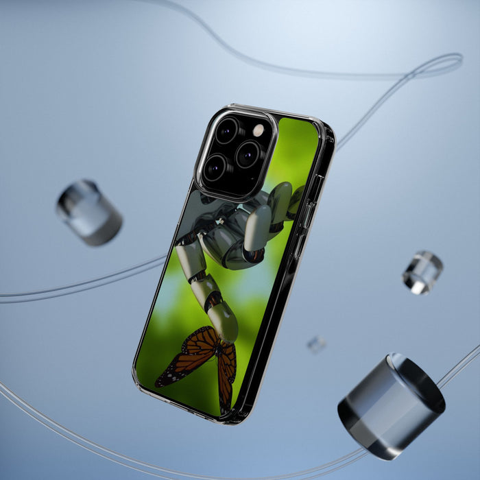 Clear Cases for iPhone 14 Series with Robotic hand and Butterfly.
