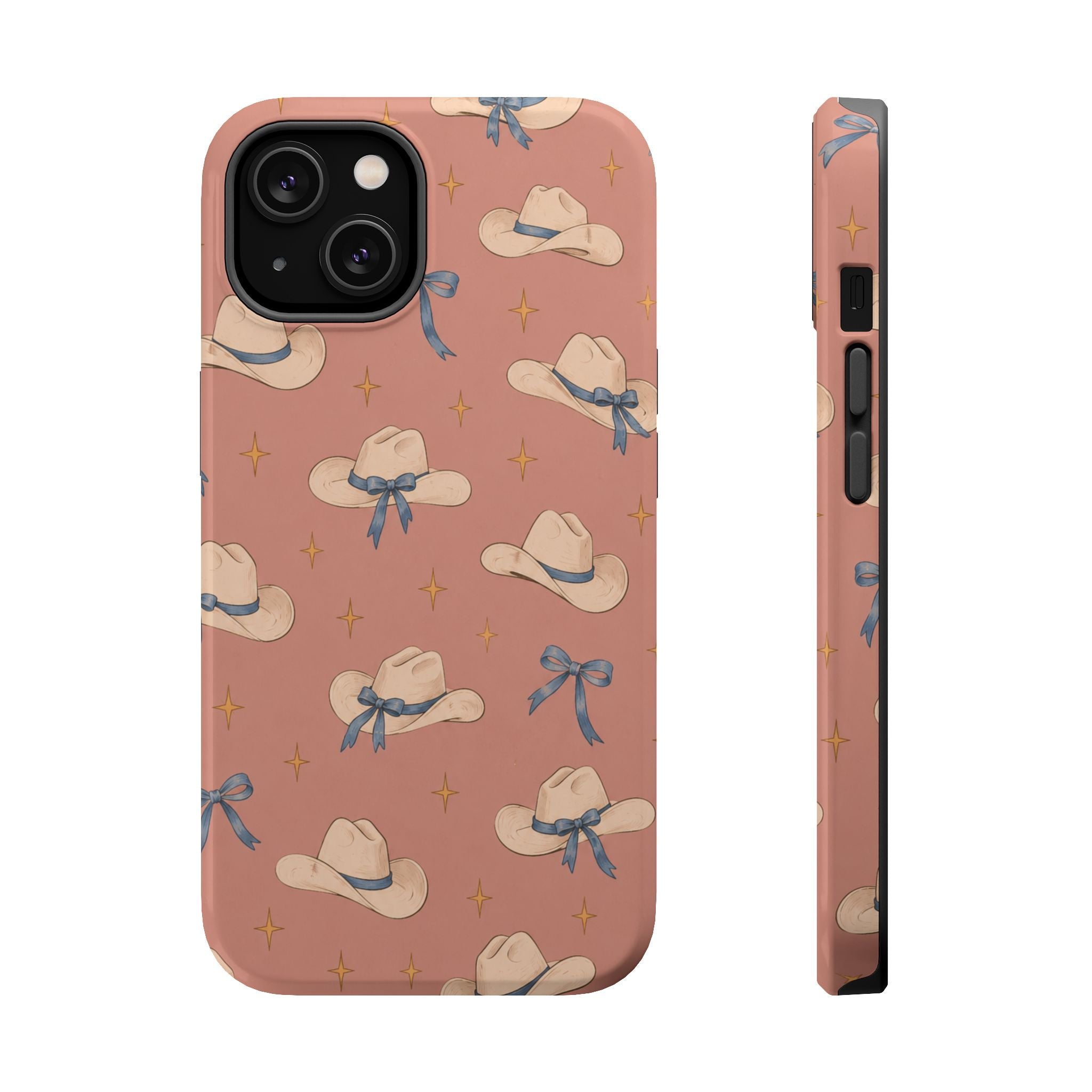 Ribbon Rodeo – Cowgirl Hat and Bow MagSafe Phone Case, Pink, glossy iPhone 14, rear and side profile