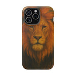iPhone case with realistic lion face design in orange and brown showing camera variant