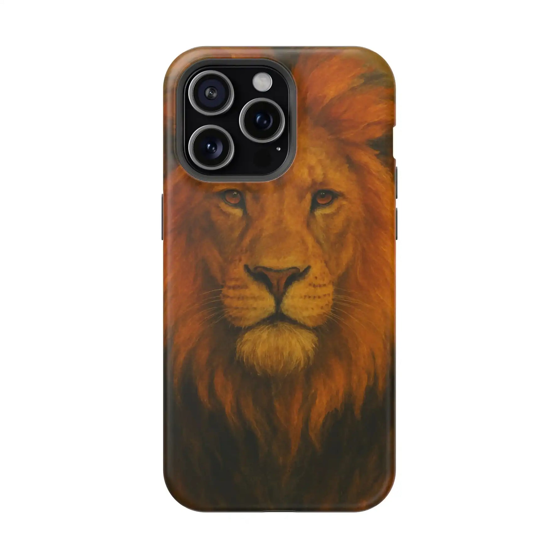 iPhone case with realistic lion face design in orange and brown showing camera variant
