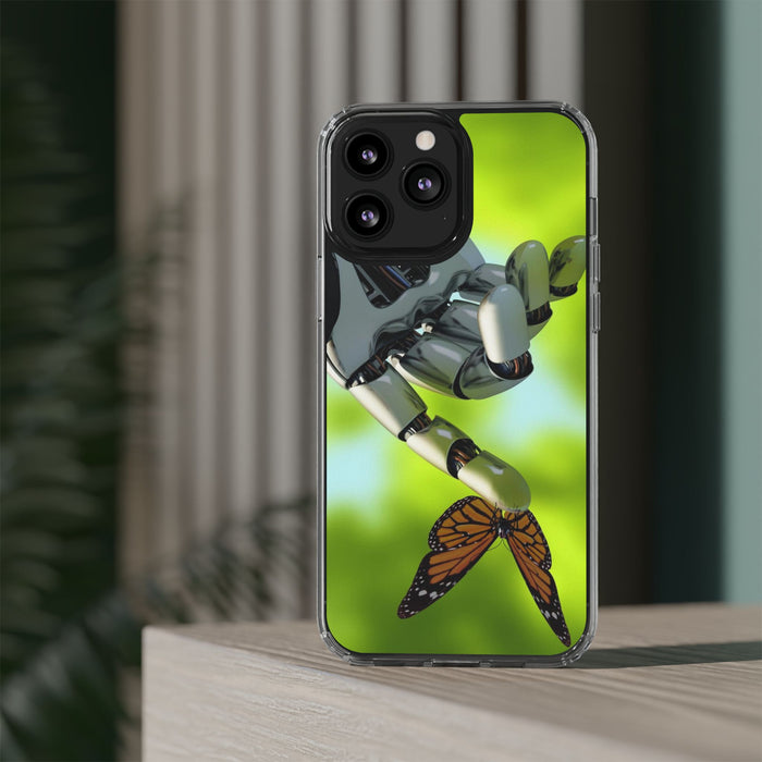 Clear Cases for iPhone 14 Series with Robotic hand and Butterfly.