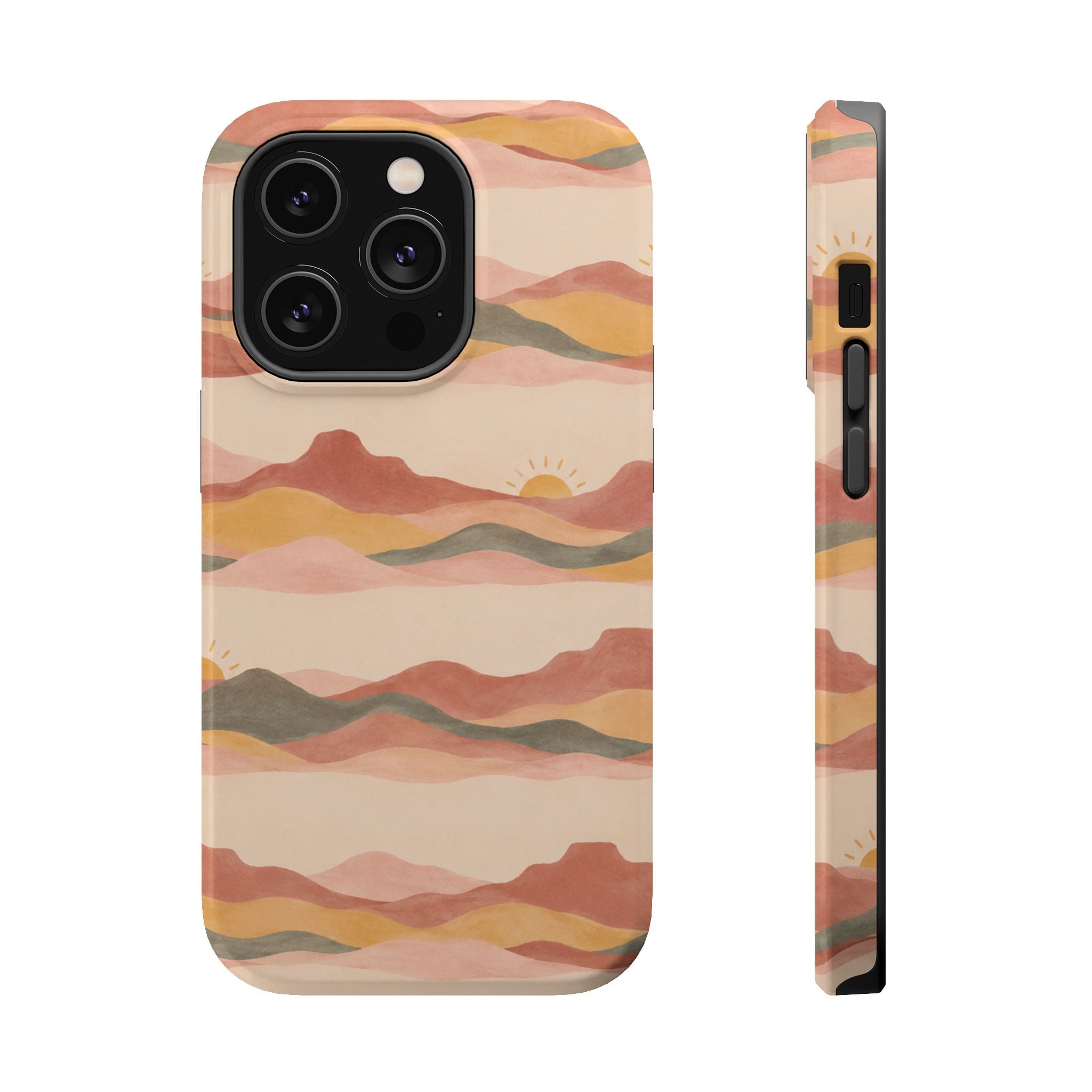 Sunset Trails – Desert Landscape MagSafe Phone Case, glossy iPhone 14 Pro, rear and side profile