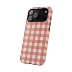 Prairie Gingham MagSafe Phone Case, glossy wide-camera Pro Max model, angled rear view