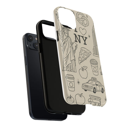 NY City Icons Tough iPhone Case — Statue of Liberty, Pizza & Taxi Pattern | Compatible with MagSafe