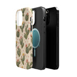 Cactus Bloom – Sage Green Floral Cactus MagSafe Phone Case, glossy square triple-camera Pro model, exploded shell and liner with magnetic ring