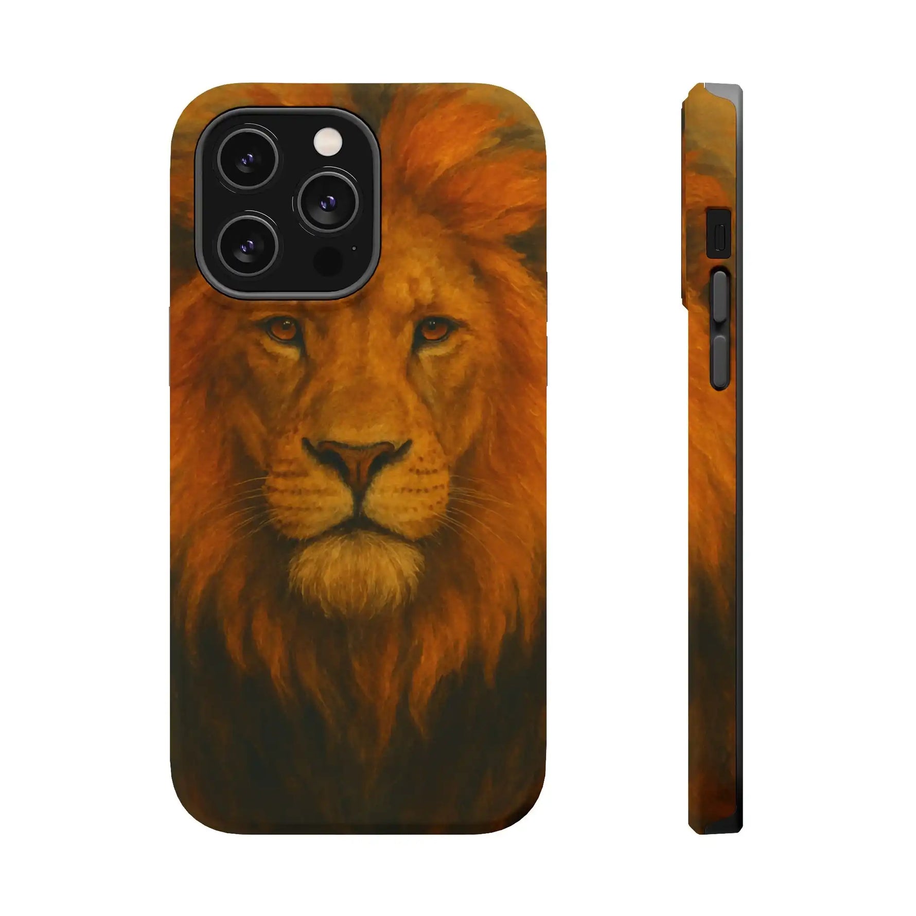 Close-up and side view of phone case with detailed lion face artwork, showing slim size variant