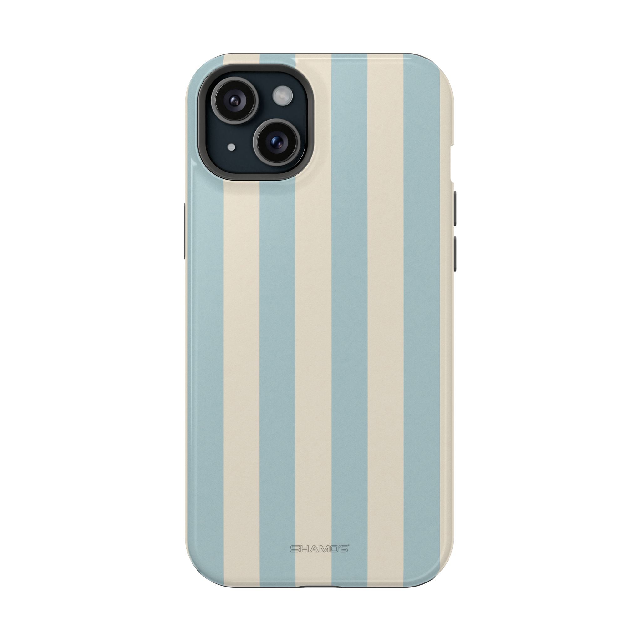 Back view of a phone case with pale blue and cream vertical stripes