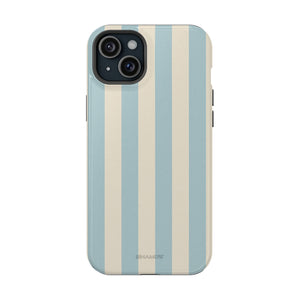 Back view of a phone case with pale blue and cream vertical stripes