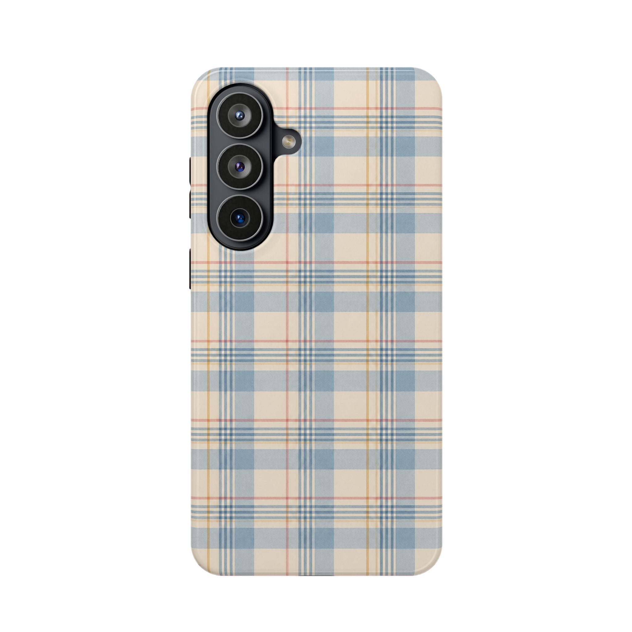 Ranch Check – Blue and Cream Plaid MagSafe Phone Case, glossy Samsung Galaxy S26 Plus, rear view