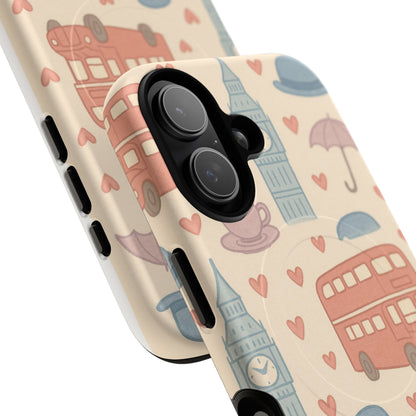 London Icons Hand-Drawn iPhone Case — Cute Double-Decker Bus & Big Ben Pattern with MagSafe compatibility