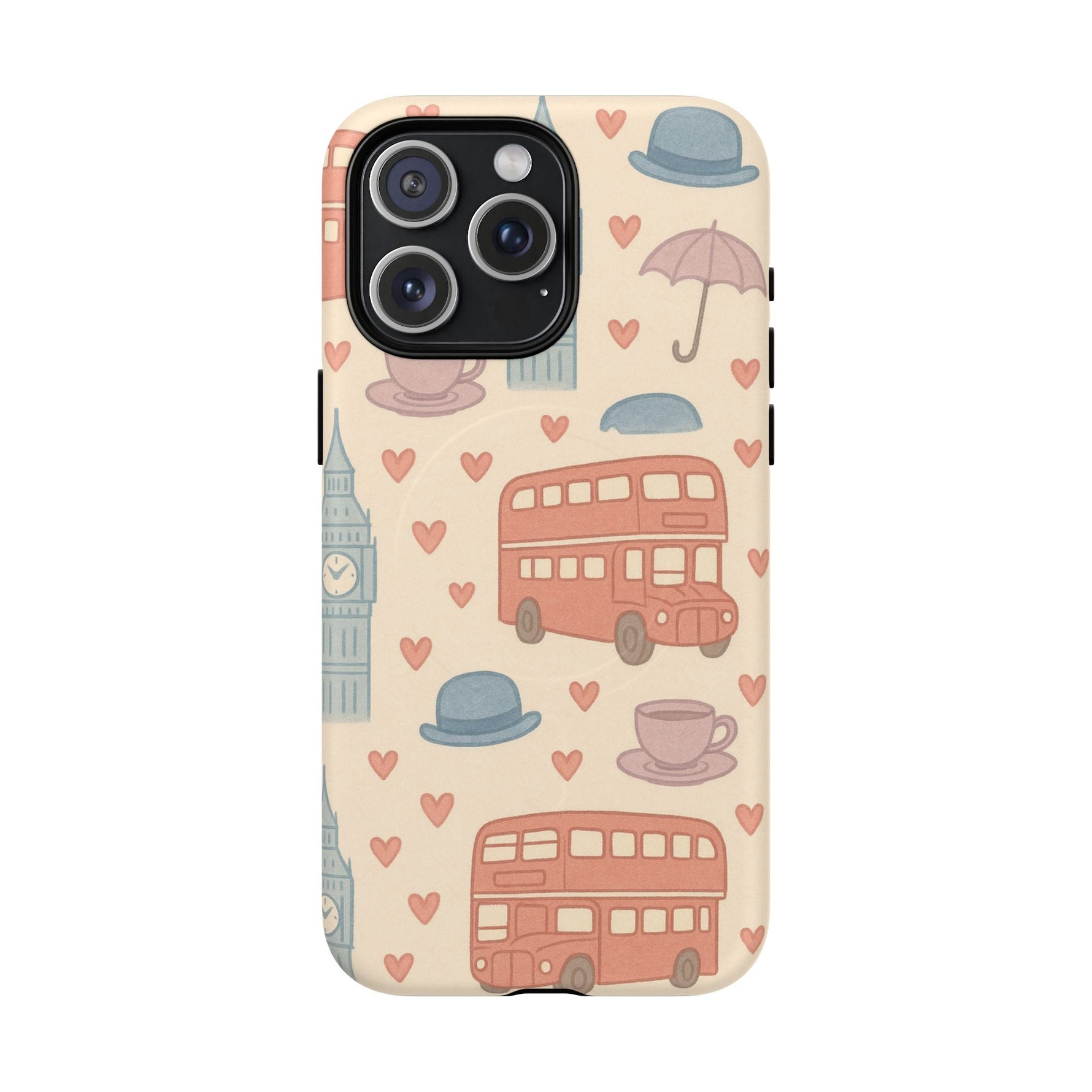 London Icons Hand-Drawn iPhone Case — Cute Double-Decker Bus & Big Ben Pattern with MagSafe compatibility  Shamo's iPhone 15 Pro Max / Matte