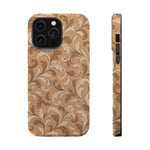 Saddle Scrolls – Tan Western Scrollwork MagSafe Phone Case, glossy iPhone 14 Pro Max, rear and side profile