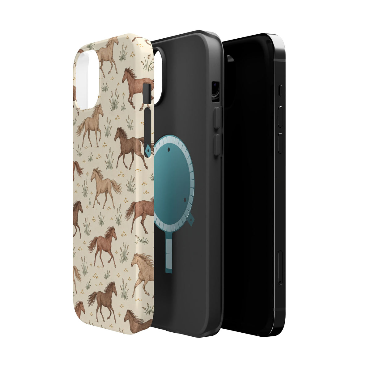 Wild Mustangs – Western Horse Pattern MagSafe Phone Case, glossy diagonal dual-camera model, exploded shell and liner with magnetic ring
