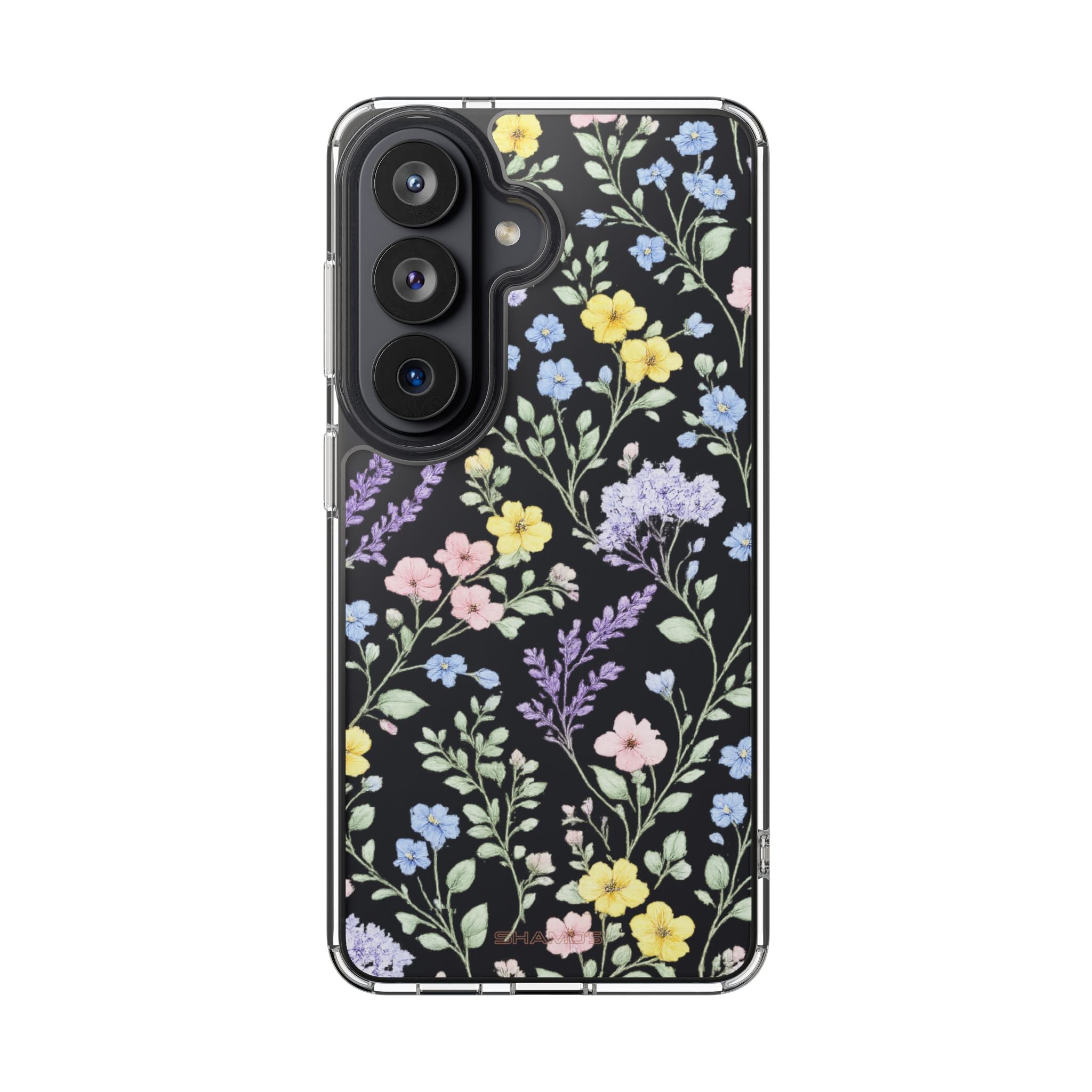 Phone case with small pastel yellow, pink, blue, and lavender wildflowers and green leaves