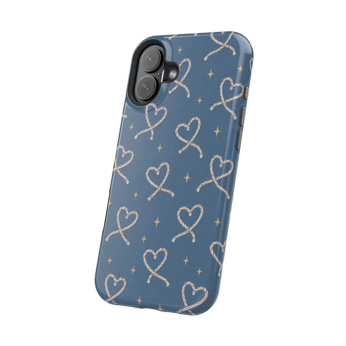 Lasso Hearts – Blue Western Heart MagSafe Phone Case, glossy vertical dual-camera model, angled rear view