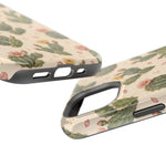 Cactus Bloom – Sage Green Floral Cactus MagSafe Phone Case, glossy diagonal dual-camera model, port openings and edge details