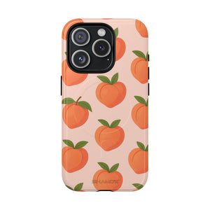 Back view of a phone case with orange peaches and green leaves on pale pink #iphone-15-pro