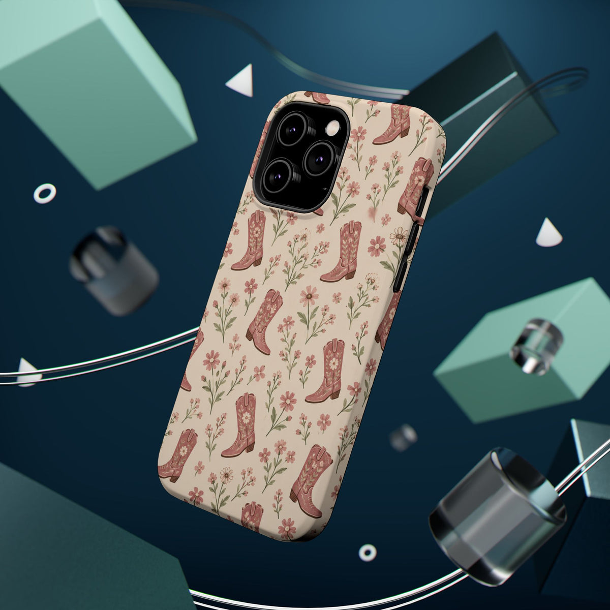 Floral Boots MagSafe Phone Case, glossy square triple-camera Pro model, rear view with magnetic accessories