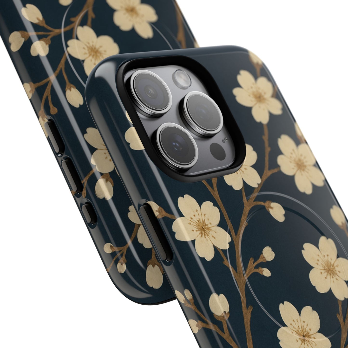 Navy Cherry Blossom Floral iPhone Case - Compatible with MagSafe