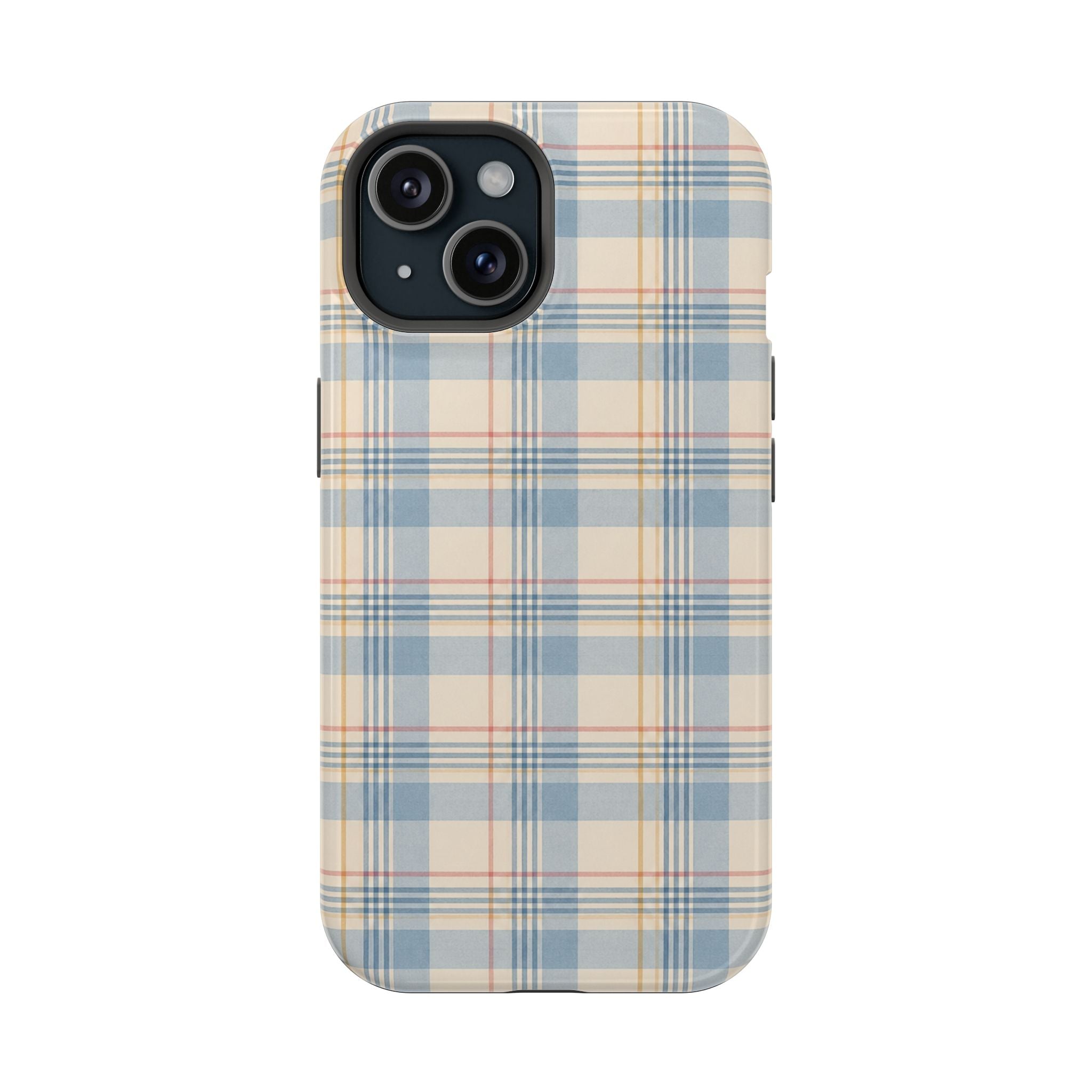 Ranch Check – Blue and Cream Plaid MagSafe Phone Case, glossy iPhone 15, rear view