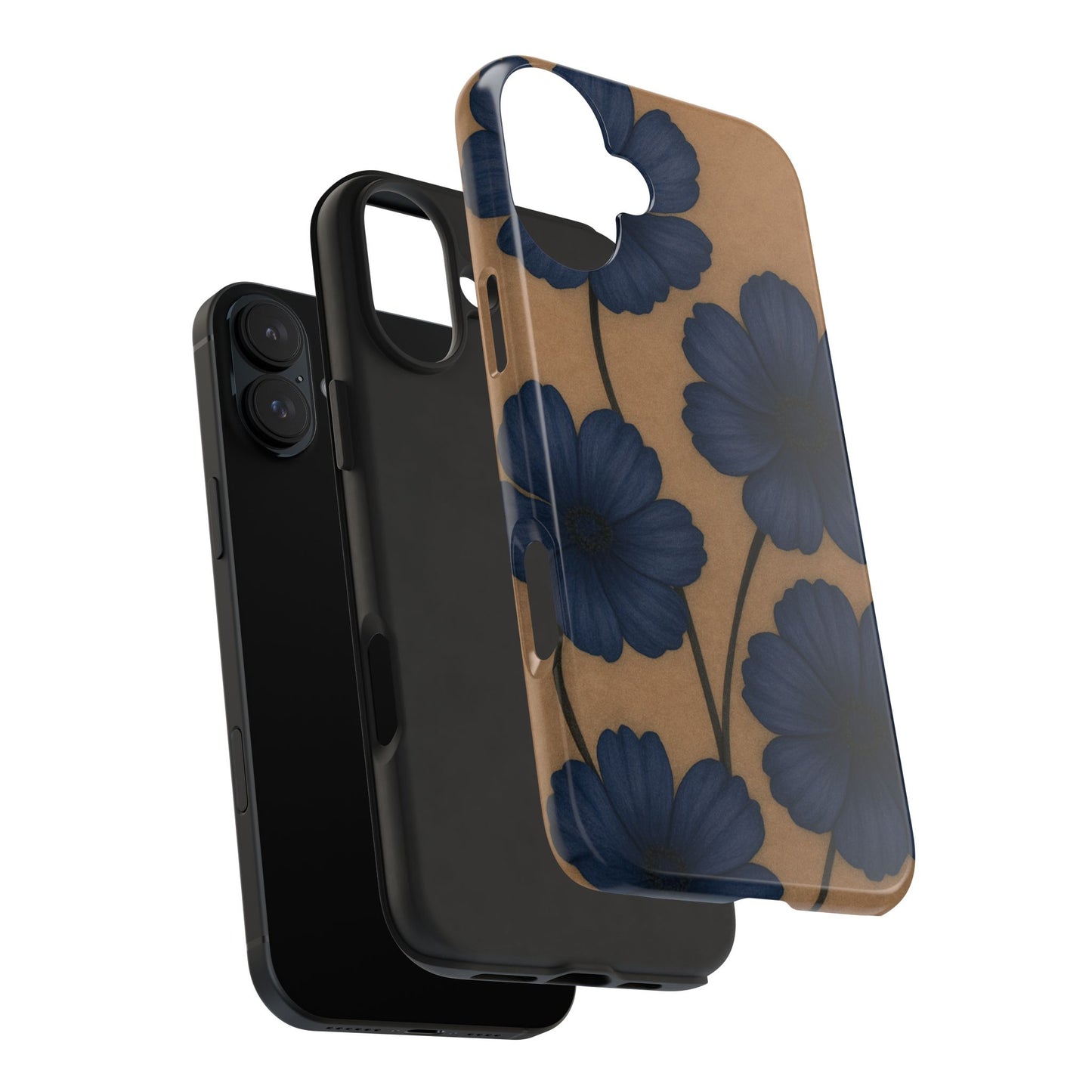 Navy Floral Tough iPhone Case — Durable Protective Case with Blue Flowers on Kraft Background