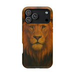iPhone 14 Pro Max case with realistic lion face art design, showing variant size camera cutout