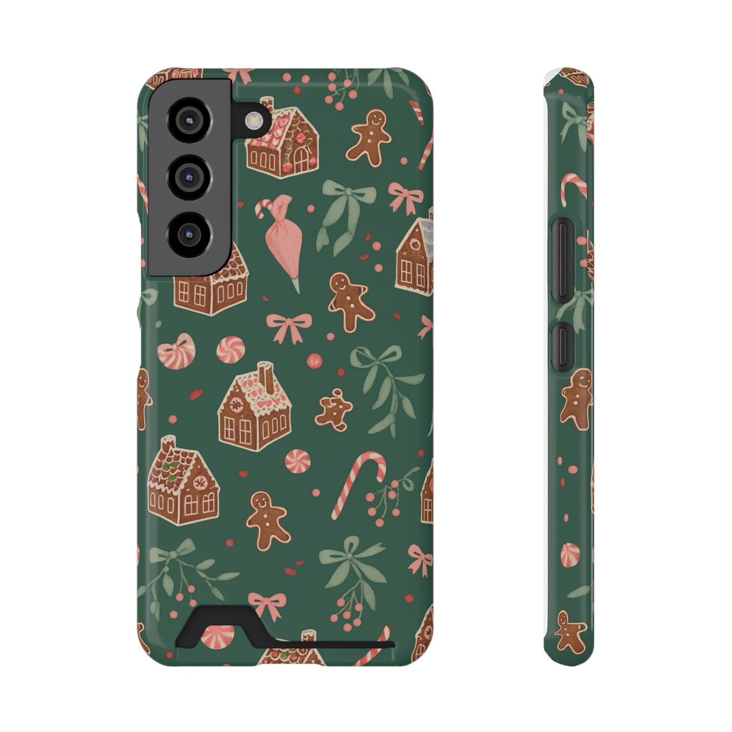 Holiday Gingerbread Phone Case with Card Holder — Festive Green Candy Cane Design